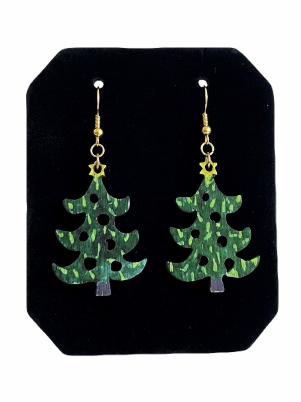 New Artisan Handmade Wooden Hand Painted 9k Gold Christmas Tree Dangle Earrings